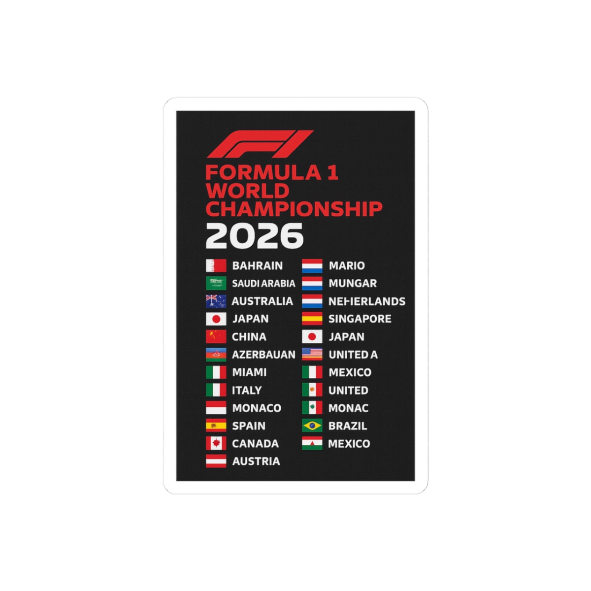 Formula 1 2026 Race Calendar Sticker | Bold Vinyl Decal