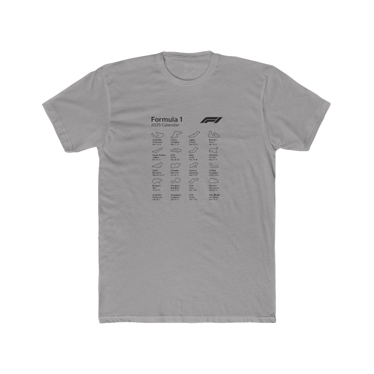 Minimalist Formula 1 2025 Race Calendar T-Shirt