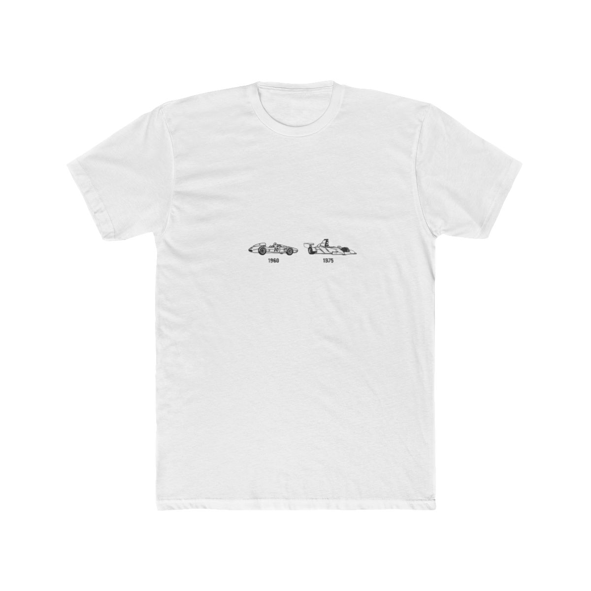 Black T Shirt featuring a white graphic of a timeline of Formula 1 cars from 1960 to 2015